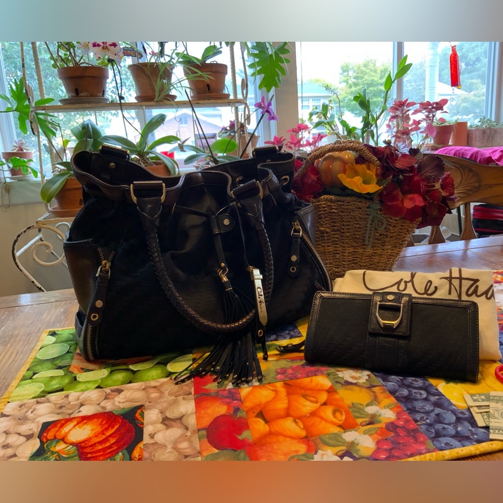 Previously loved Cole Haan drawstring bucket bag + wallet combo